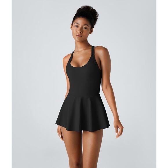 Halara Vacation Cut Out Flare One Piece Swimsuit Dress Girly Black NWOT L - Picture 1 of 9